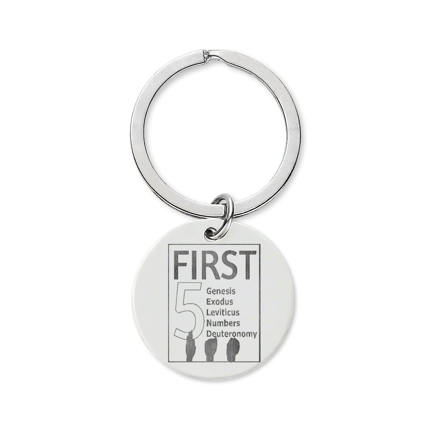 Engravable Stainless Steel Round Keychain — “FIRST” Silhouette Memory Charm