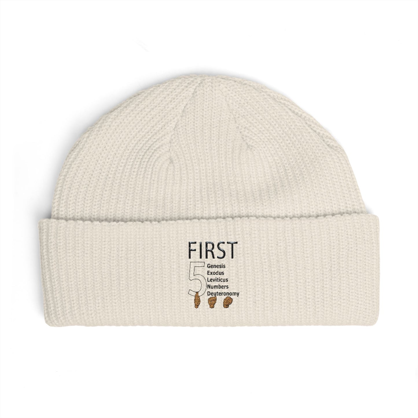 Embroidered 'First' Cuff Beanie – Cozy Neutral Knit Winter Hat