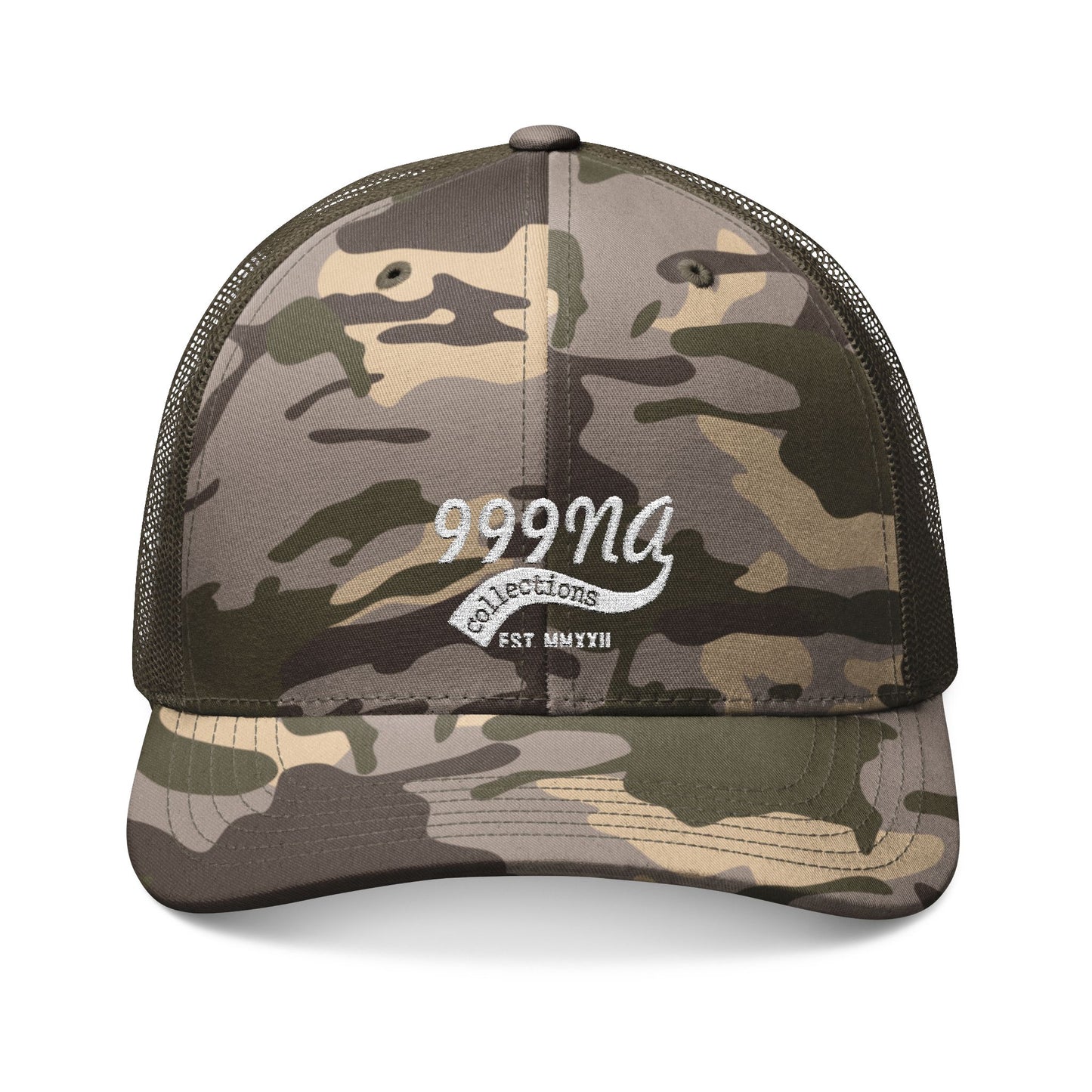Camo Trucker Hat — Embroidered '999NA' Vintage Patch Cap