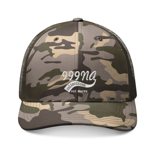 Camo Trucker Hat — Embroidered '999NA' Vintage Patch Cap