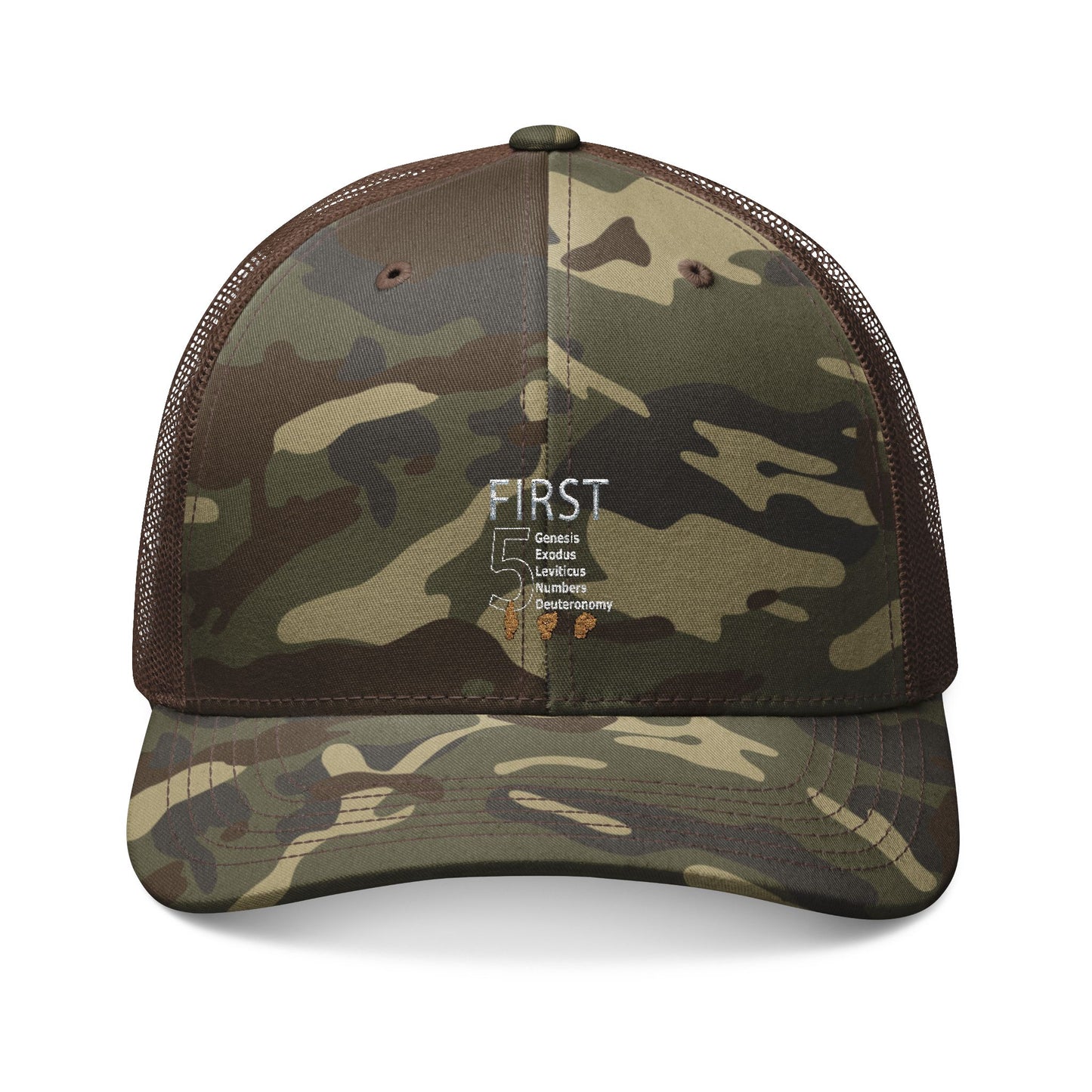 Camouflage Trucker Hat — Embroidered "FIRST" Military Style Cap