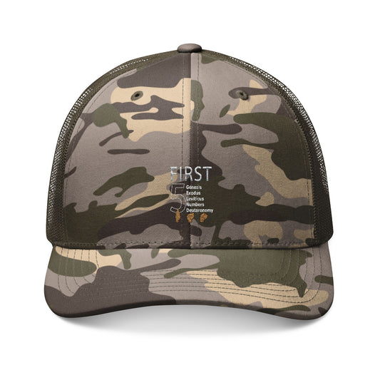 Camouflage Trucker Hat — Embroidered "FIRST" Military Style Cap