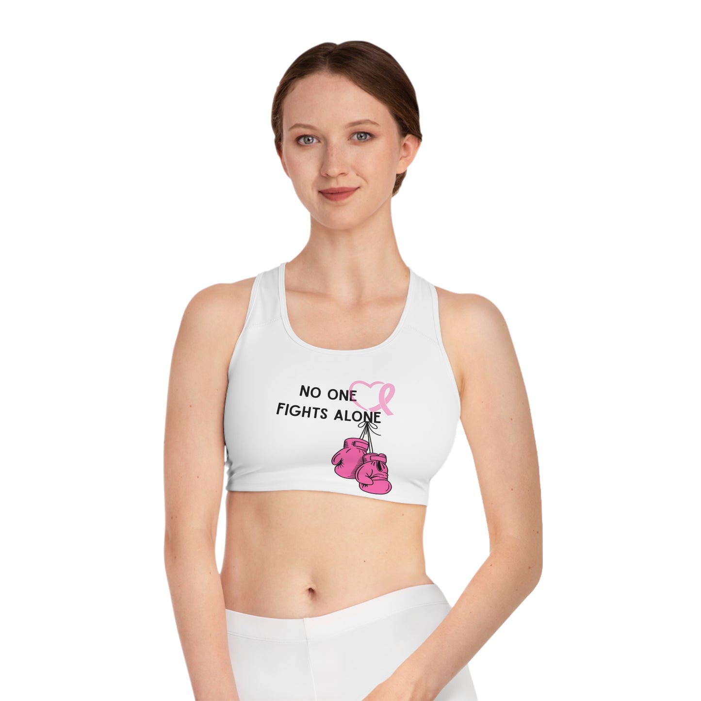 Sports Bra — "No One Fights Alone" Breast Cancer Awareness Boxing Design