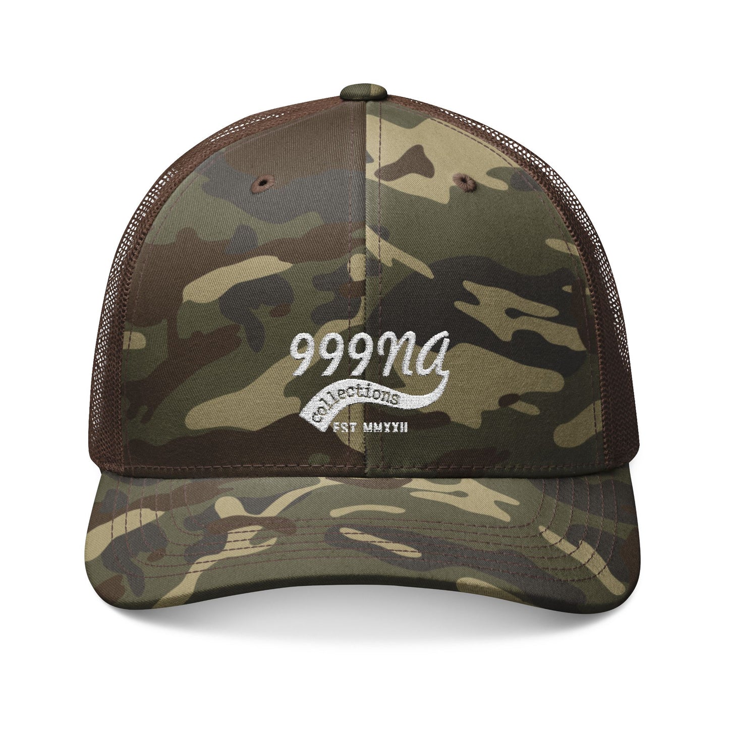 Camo Trucker Hat — Embroidered '999NA' Vintage Patch Cap