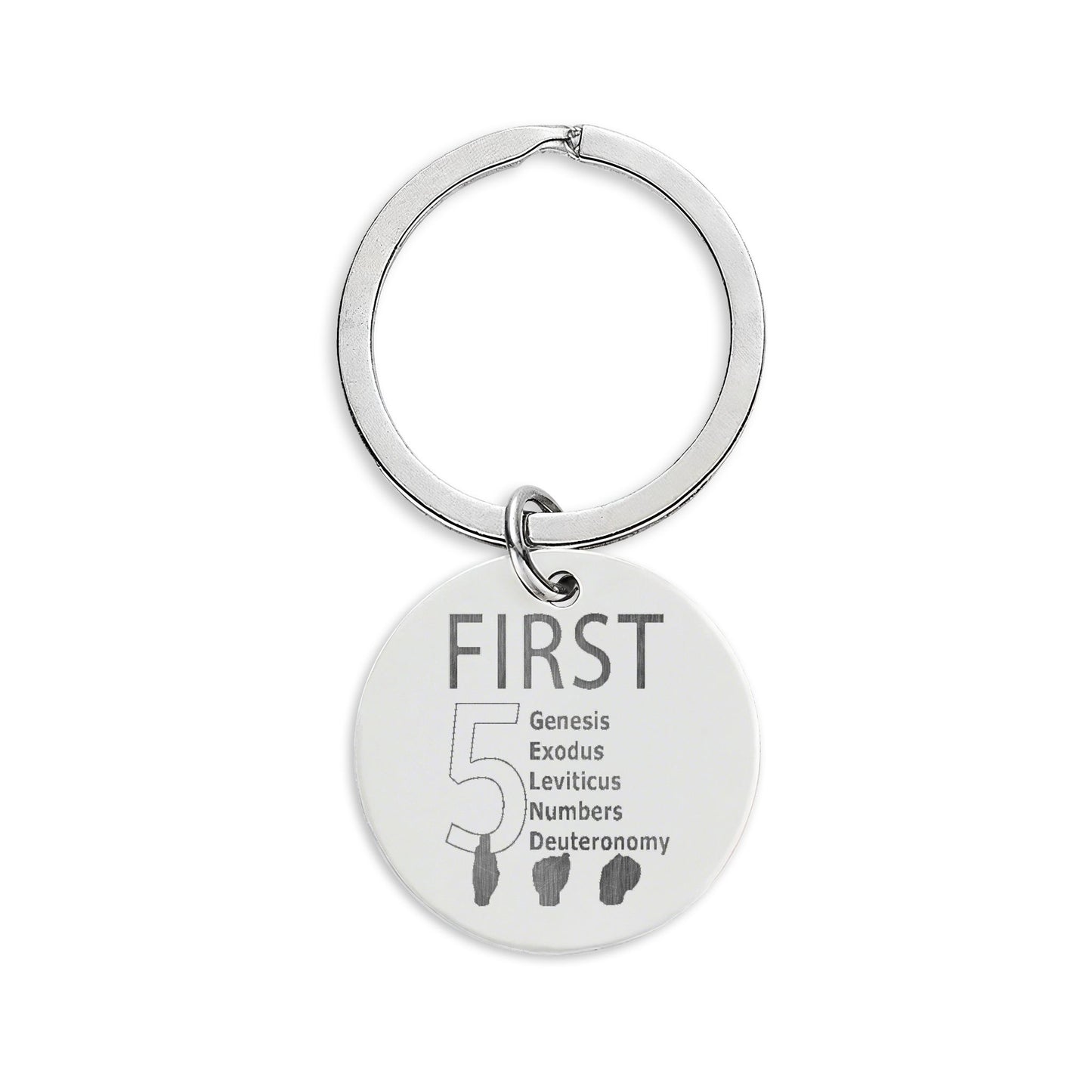 Engravable Stainless Steel Round Keychain — “FIRST” Silhouette Memory Charm