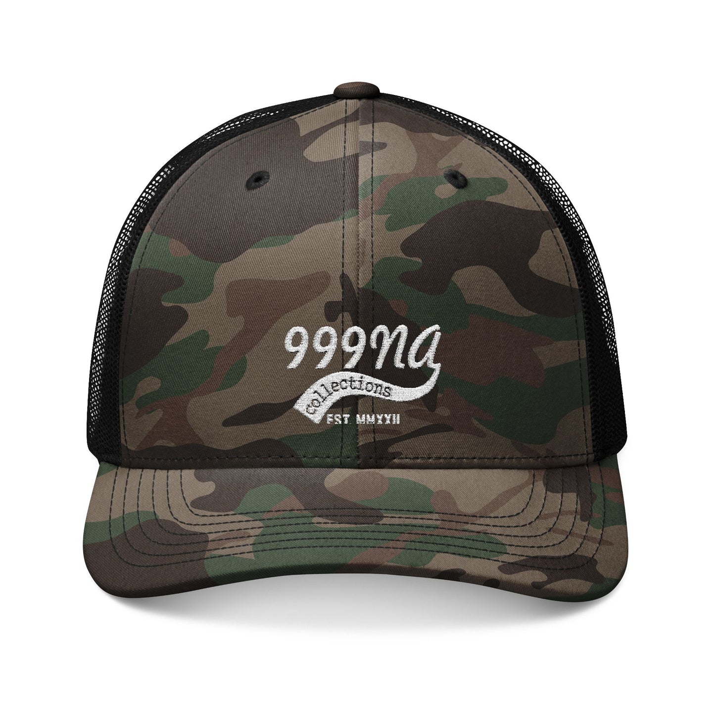 Camo Trucker Hat — Embroidered '999NA' Vintage Patch Cap