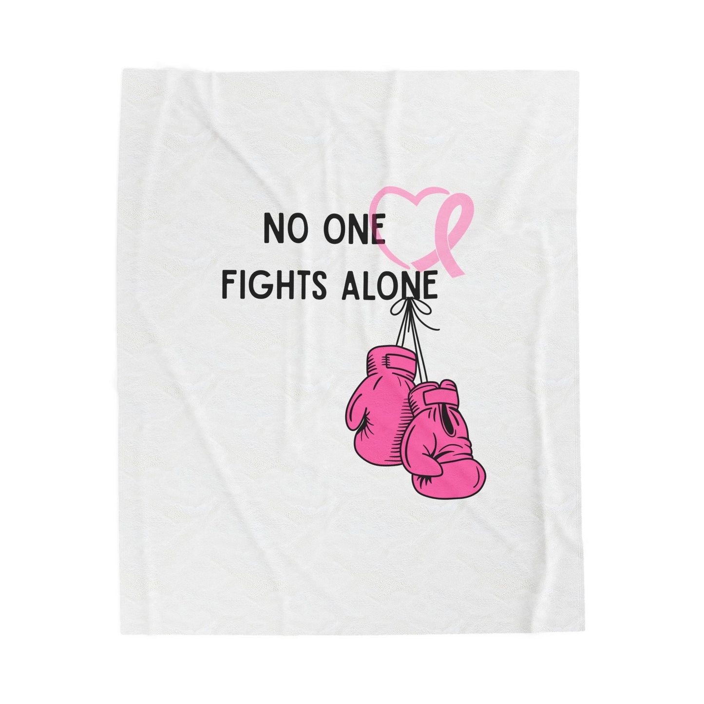 Velveteen Plush Blanket — "No One Fights Alone" Pink Ribbon Boxing Gloves Cancer Support Throw