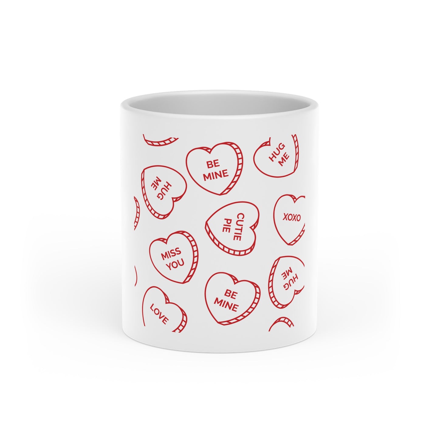 Valentine Conversation Hearts Mug — 'Be Mine' Pattern Ceramic Coffee Cup