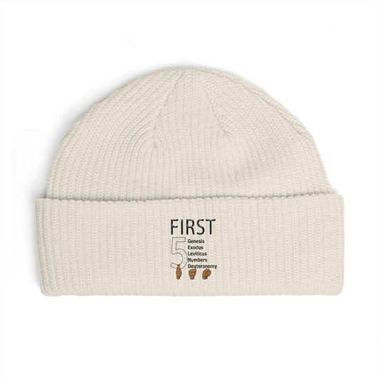 Embroidered 'First' Cuff Beanie – Cozy Neutral Knit Winter Hat
