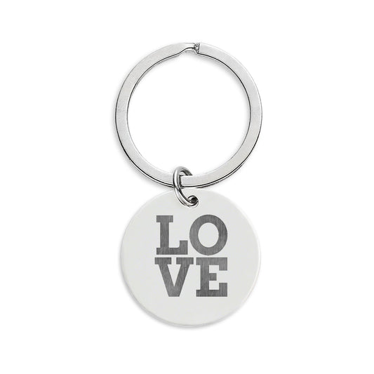 LOVE Engraved Stainless Steel Keychain — Round Personalized Keyring, Romantic Gift for Couples
