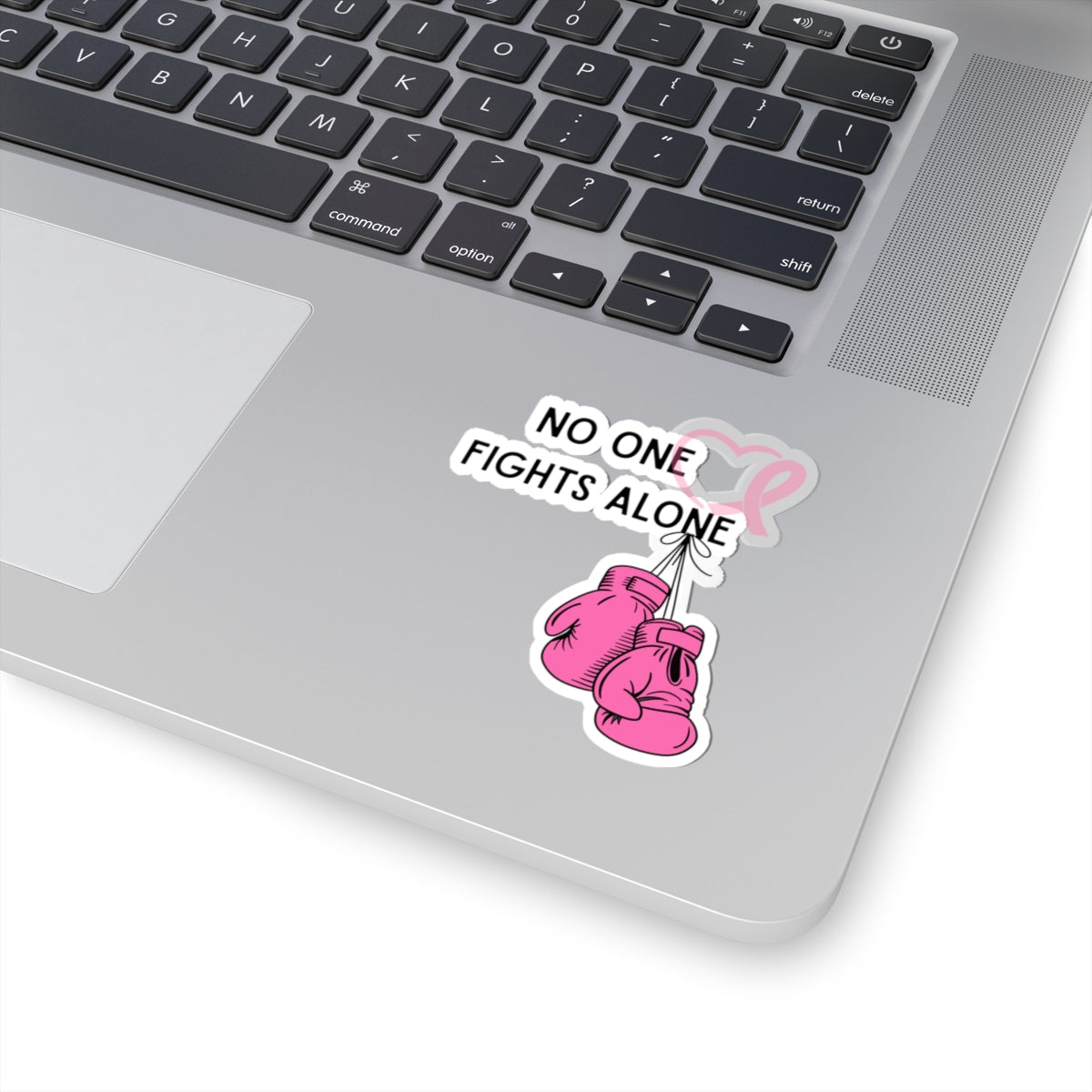 No One Fights Alone Kiss-Cut Sticker — Pink Boxing Gloves & Ribbon (Breast Cancer Awareness)