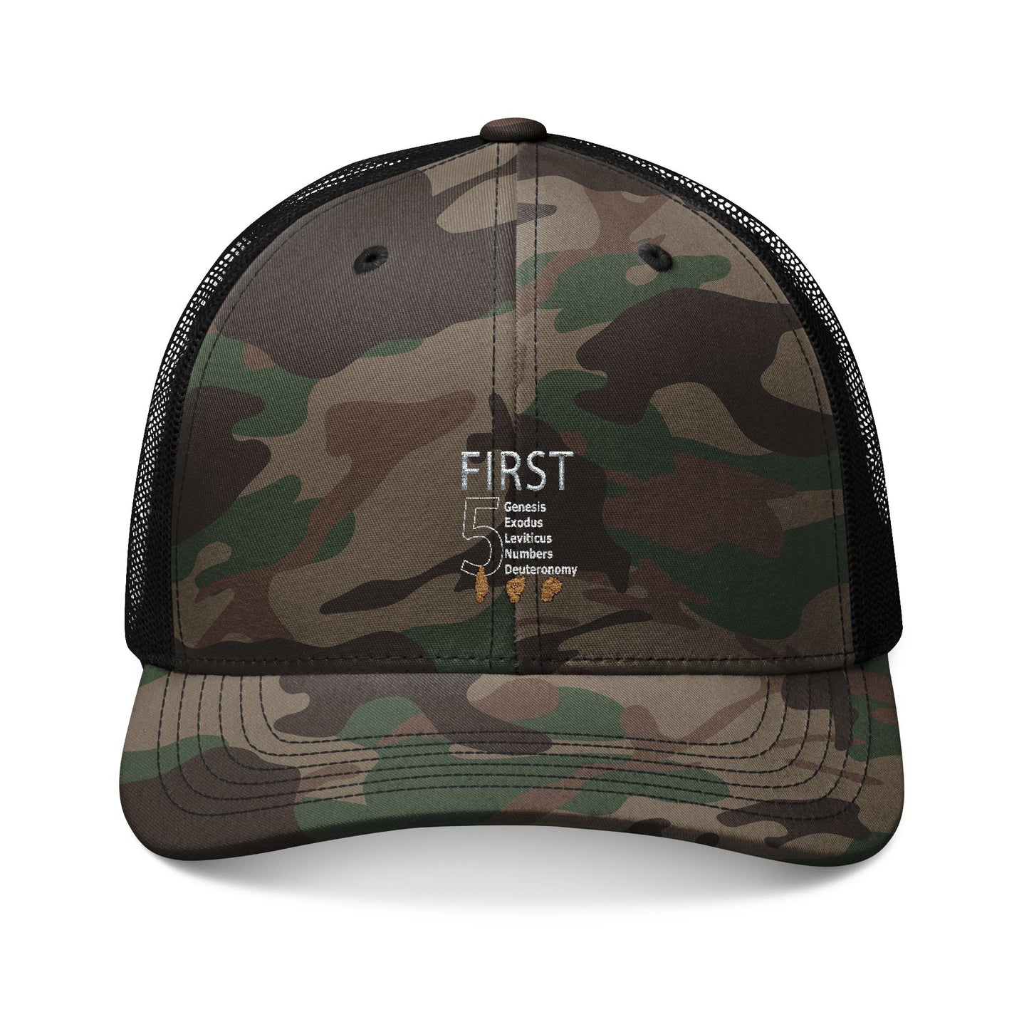 Camouflage Trucker Hat — Embroidered "FIRST" Military Style Cap