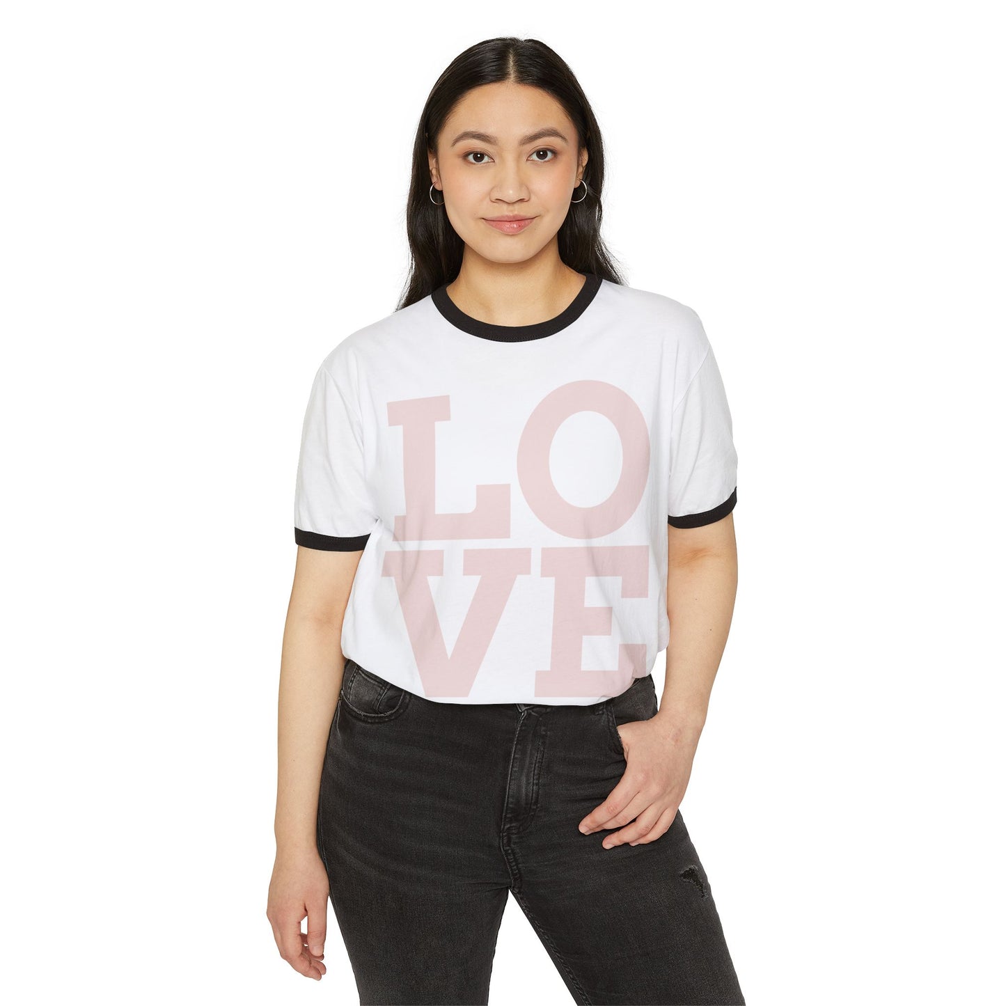 LOVE Ringer T‑Shirt — Vintage Pink Block Letter Graphic Tee