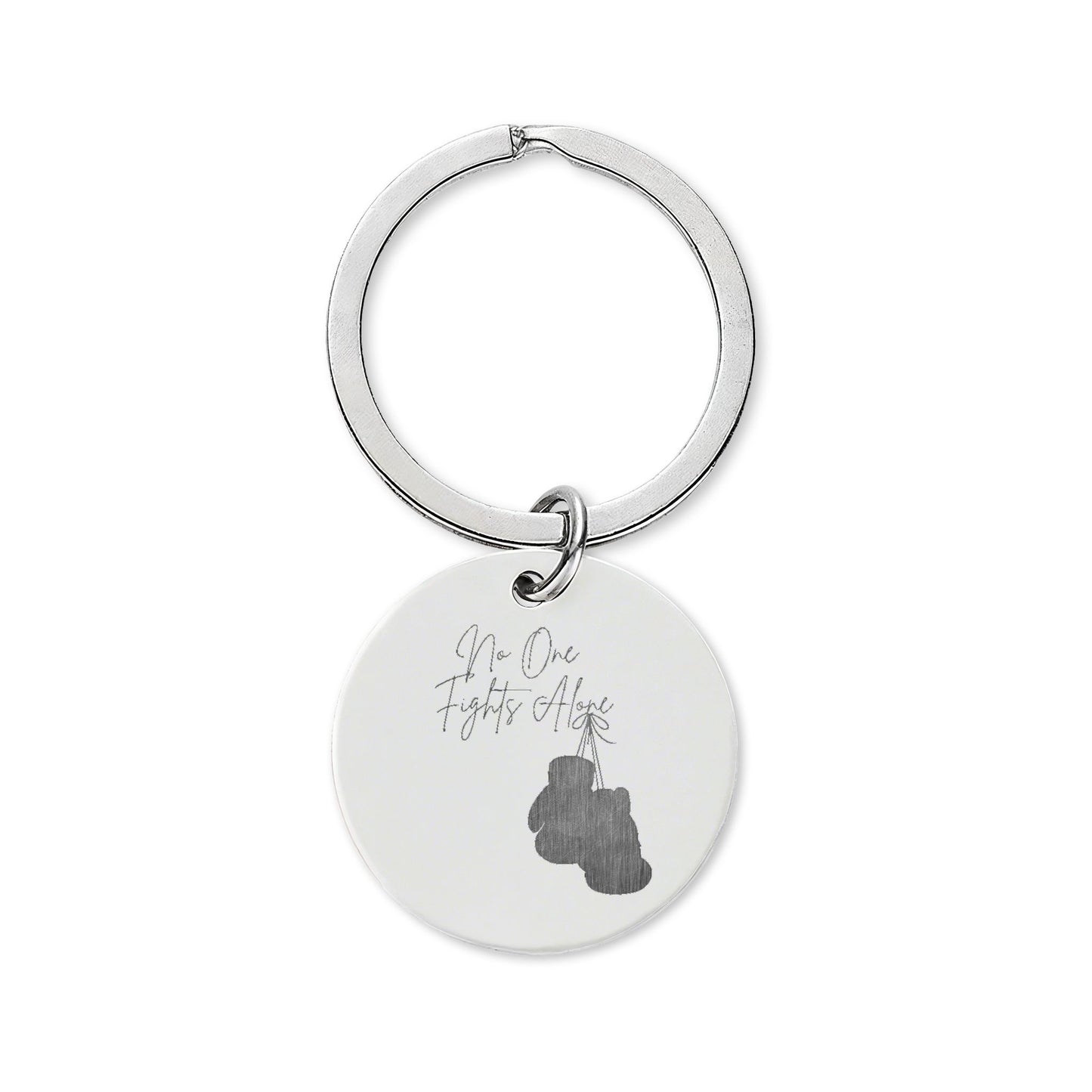 Engraved Round Stainless Steel Keychain — "No One Fights Alone" with Support Ribbon