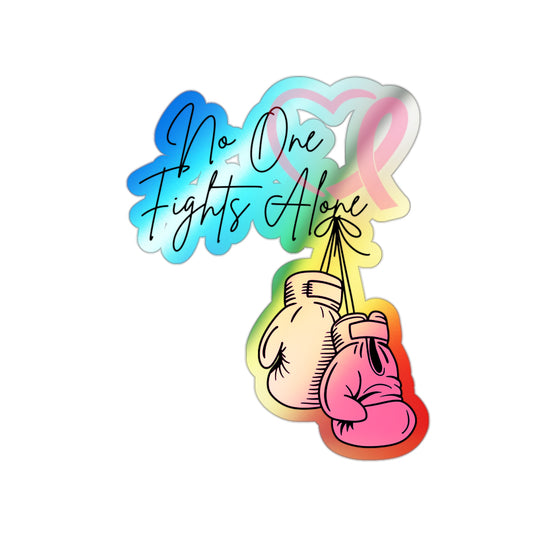 Holographic Boxing Gloves Sticker — "No One Fights Alone" Die-Cut Ribbon Decal